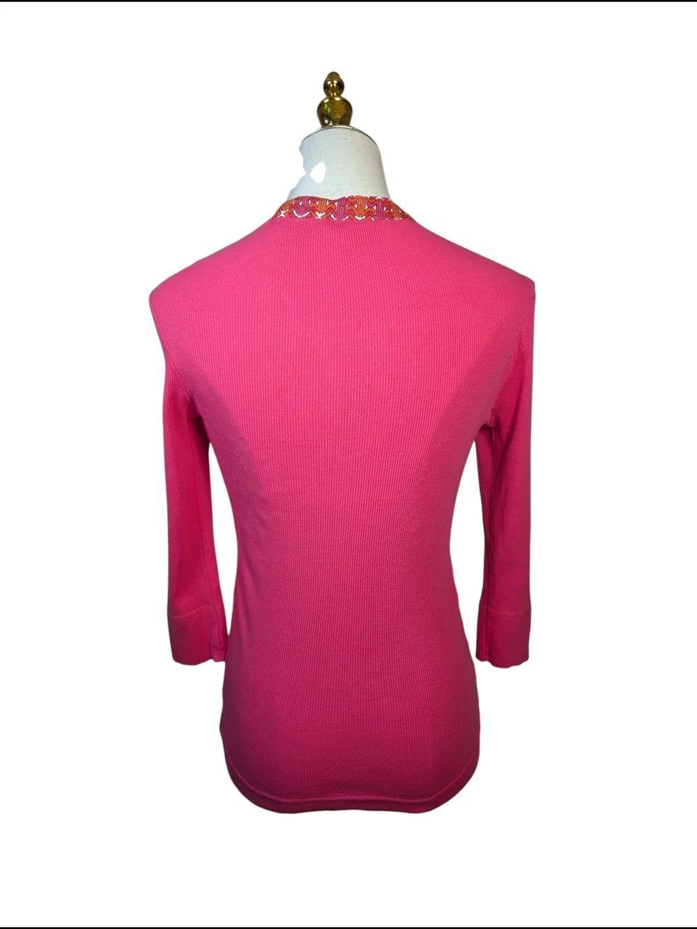 TORY BURCH PINK RIBBED PRINT TRIM 3/4 SLEEVE TOP XS